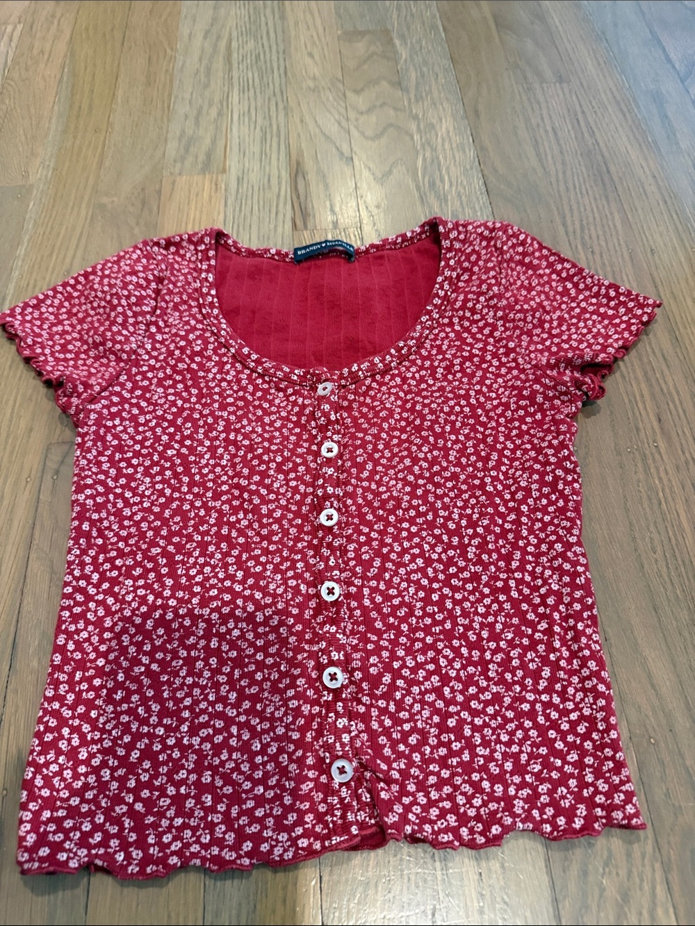 Brandy Merville-Red Floral Button-Front Women’s Top